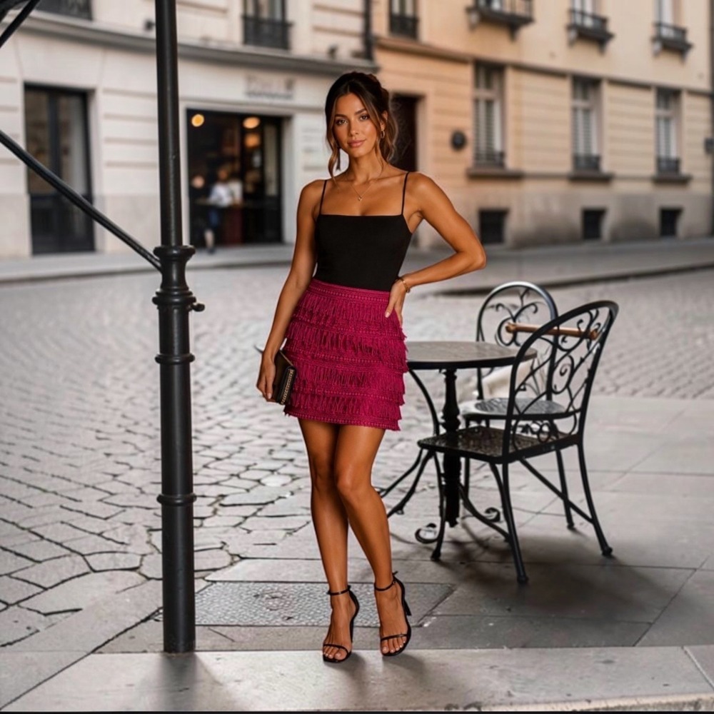Let Me Be Anthropologie Magenta Pink Fringe Crochet Lace Mini Skirt Small Boho